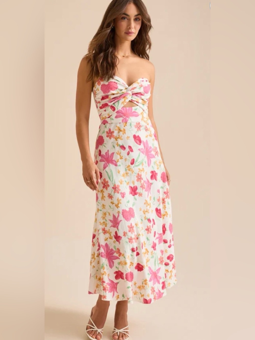 Trixxi Linen Blend Strapless Midi Dress S Floral Sweetheart Twist Front Smocked